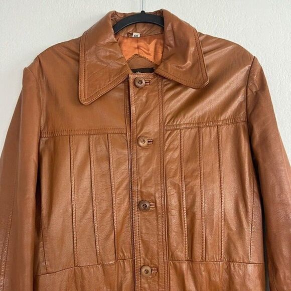 Vintage 70s Pampas Orange/Brown Leather Jacket Size 40 Button Up Mens Duster - Picture 7 of 12